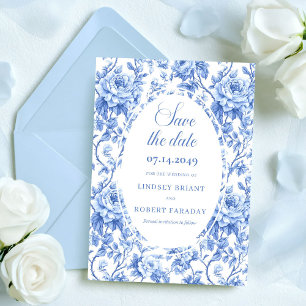 Klassische Dusty Blue Rosen Save-the-Date-Hochzeit Ankündigung