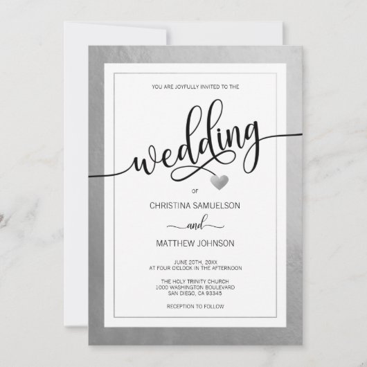 Klassische einfache Schwarz-Weiß-Herz-Silberhochze Einladung (Vorderseite)