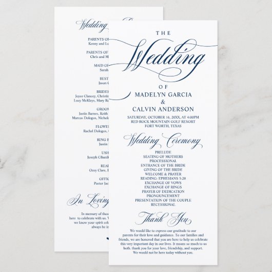 Klassische Elegance Navy Blue, Hochzeitsfeier Programm (Vorne/Hinten)