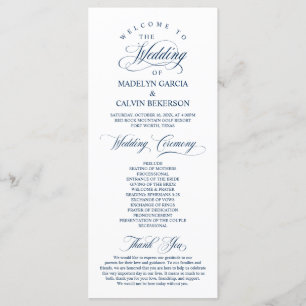 Klassische Elegance Navy Blue Script Hochzeitsfeie Programm