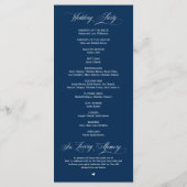 Klassische Elegance Navy Blue Script Hochzeitsfeie Programm (Rückseite)