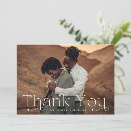 Klassische Elegance Schwarz-Weiß-Foto Hochzeit Dankeskarte (Stehend Vorderseite)