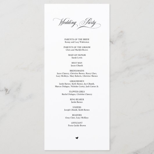 Klassische Elegance Schwarzes Skript, Hochzeitsfei Programm (Rückseite)