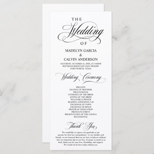 Klassische Elegance Schwarzes Skript, Hochzeitsfei Programm (Vorne/Hinten)