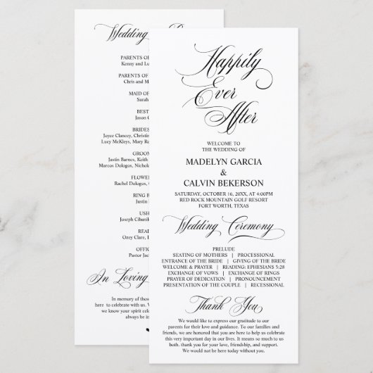 Klassische Elegance Schwarzes Skript, Hochzeitsfei Programm (Vorne/Hinten)