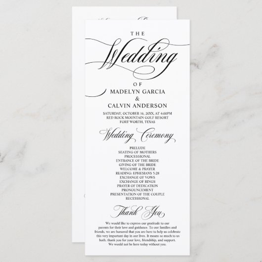 Klassische Elegance Schwarzes Skript, Hochzeitsfei Programm (Vorne/Hinten)