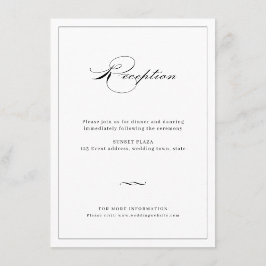 Klassische Elegance Script Black Wedding Reception Begleitkarte (Vorderseite)