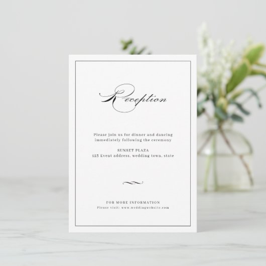 Klassische Elegance Script Black Wedding Reception Begleitkarte (Stehend Vorderseite)