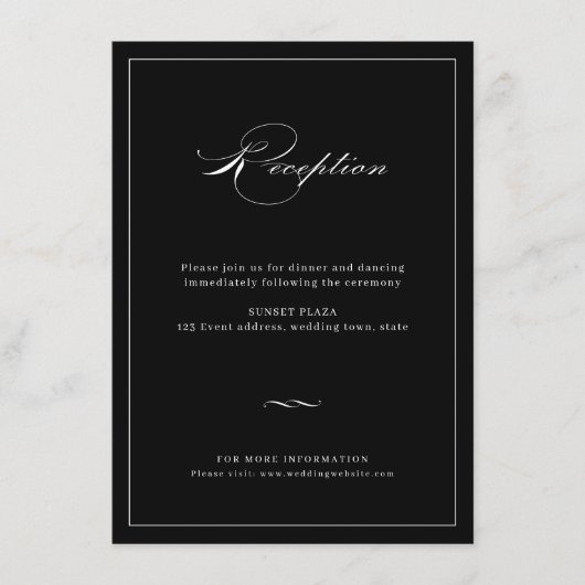 Klassische Elegance Script Black Wedding Reception Begleitkarte (Vorderseite)