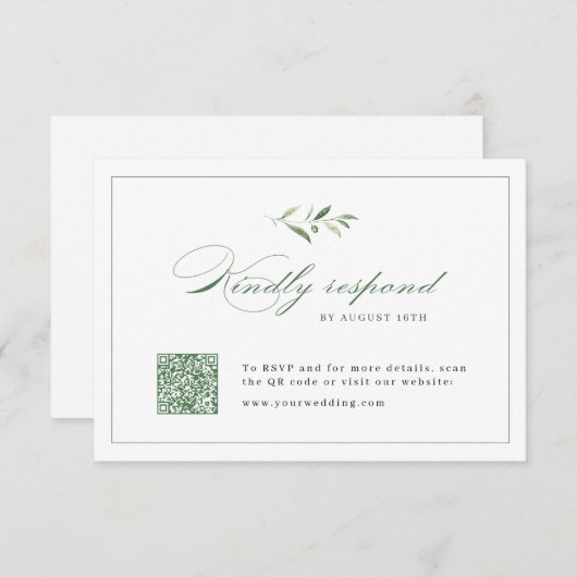 Klassische Elegance Script Greenery Hochzeit QR Co RSVP Karte (Vorne/Hinten)