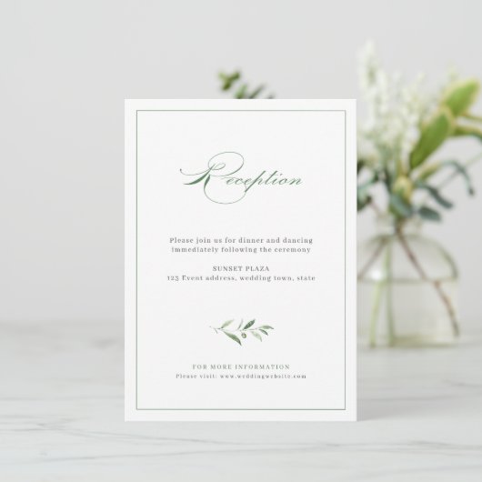 Klassische Elegance Script Greenery Hochzeitsempfa Begleitkarte (Stehend Vorderseite)