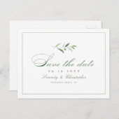 Klassische Elegance Script Greenery Save the Date Ankündigungspostkarte (Vorne/Hinten)