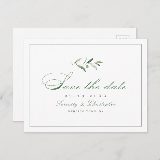 Klassische Elegance Script Greenery Save the Date Ankündigungspostkarte (Vorne/Hinten)