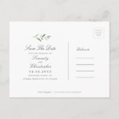 Klassische Elegance Script Greenery Save the Date Ankündigungspostkarte (Rückseite)
