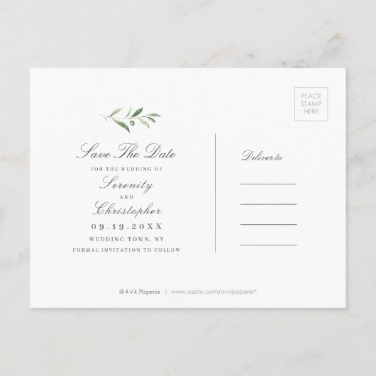 Klassische Elegance Script Greenery Save the Date Ankündigungspostkarte (Rückseite)