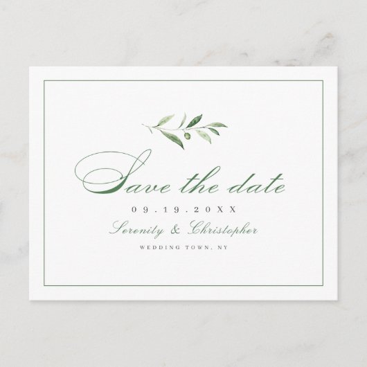 Klassische Elegance Script Greenery Save the Date Ankündigungspostkarte (Vorderseite)