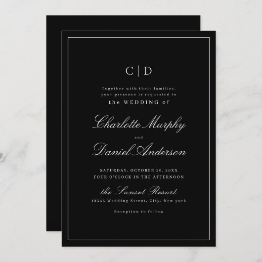 Klassische Elegance Script Minimal Mongram Wedding Einladung (Vorne/Hinten)