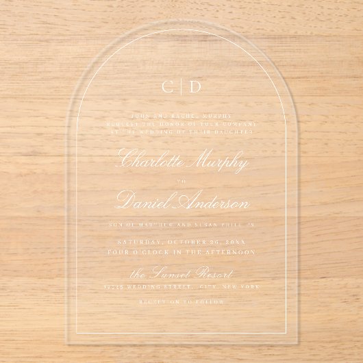 Klassische Elegance Script Mongram Arch Wedding Acryleinladungen (Vorderseite)