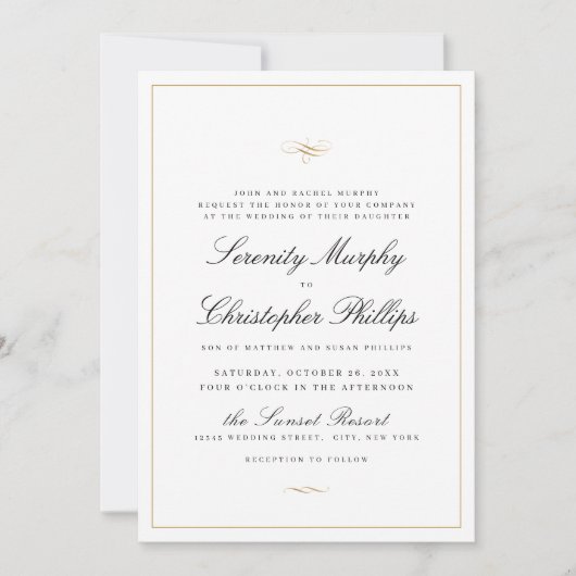 Klassische Elegance Script Schwarz und Weiß Hochze Einladung (Vorderseite)