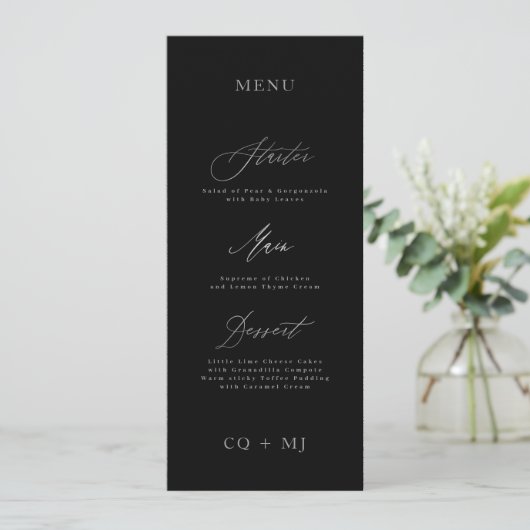 Klassische Elegant Black Silver Calligraphy Weddin Menükarte (Stehend Vorderseite)