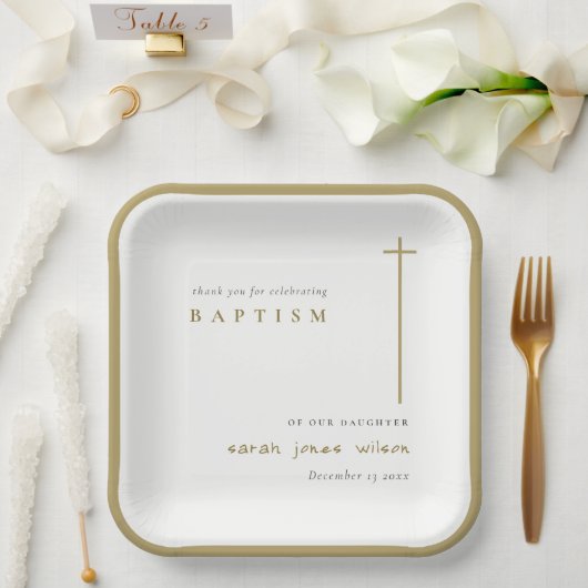Klassische Elegant Minimal Gold Typografie Taufe Pappteller (Hochzeit)