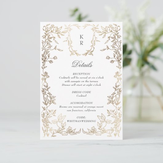 Klassische Elegant-Wappen-Monogramm-Hochzeitsempfe Begleitkarte (Stehend Vorderseite)