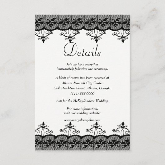 Klassische Elegante Black Lace Hochzeitdetails Begleitkarte (Vorderseite)