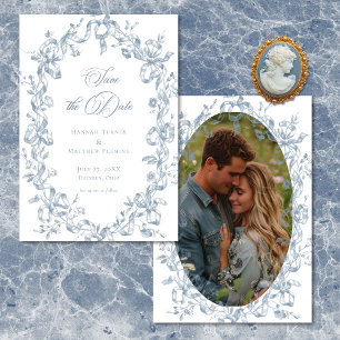 Klassische elegante blaue Blumenband-Foto-Hochzeit Save The Date