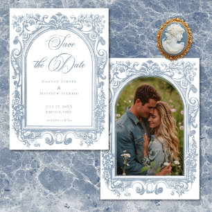 Klassische elegante blaue Bogenrahmen-Hochzeitsfot Save The Date