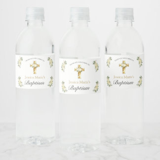 Klassische Elegante Blumen-Gold-Cross-Taufe Wasserflaschenetikett