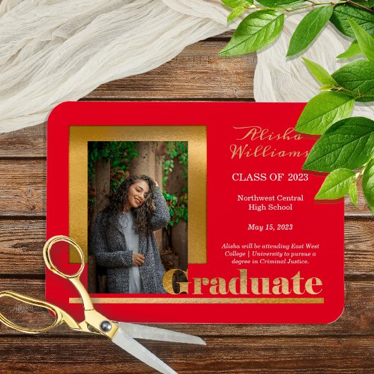 Klassische Elegante Gold Text Graduate 1 Foto Rot Magnet