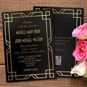 Klassische elegante goldene schwarze QR-RSVP-Hochz Einladung