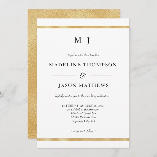 Klassische Elegante Ivory Gold Foil Monogram Weddi Einladung (Vorne/Hinten)