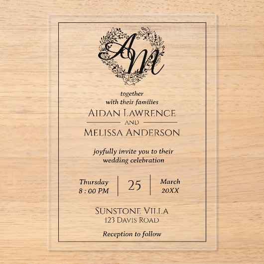 Klassische Elegante Minimalistische Hochzeit Acryleinladungen (Vorderseite)