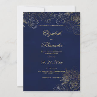 Klassische elegante navyblaue goldene Folien-Blume Einladung