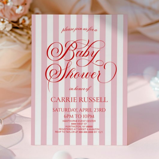 Klassische Elegante Rote Rosa Streifen Mädchen Bab Einladung