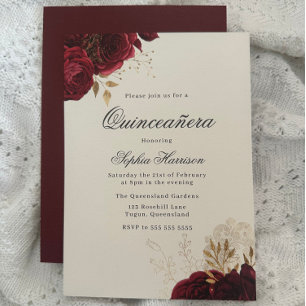 Klassische elegante rote Rose und Gold Quinceanera Einladung