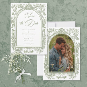 Klassische Elegante Salbei-Bogenrahmen-Hochzeitsfo Save The Date