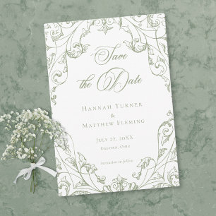 Klassische elegante Salbeigrüne Blumenrahmen-Hochz Save The Date
