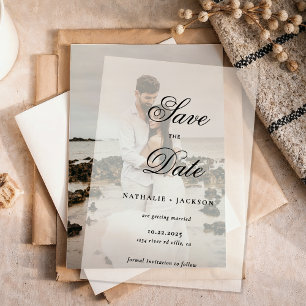 Klassische elegante Schrift Foto-Hochzeit Termin v Pergament Einladungen