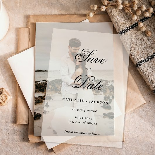 Klassische elegante Schrift Foto-Hochzeit Termin v Pergament Einladungen