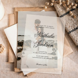 Klassische elegante Schriftfoto-Hochzeit Pergament Einladungen