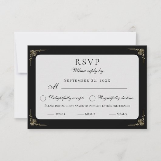 Klassische Elegante Schwarz-weiß Beige Speisen UAW RSVP Karte (Vorderseite)