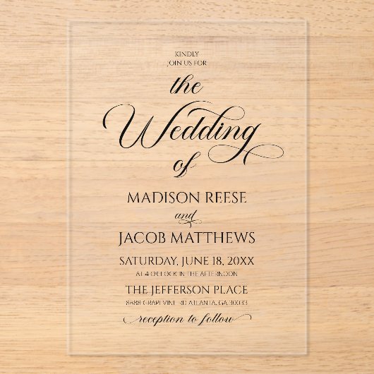 Klassische Elegante Script Minimalistisch Wedding Acryleinladungen (Vorderseite)