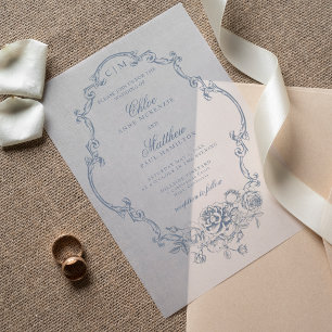 Klassische Elegante Staubblaue Blumige Hochzeitsra Pergament Einladungen