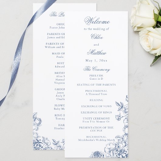 Klassische elegante staubblaue Hochzeit mit Blumen Programm