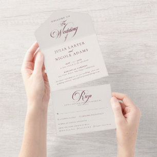 Klassische Elfenbein-Burgund-Kalligrafie-Hochzeit All In One Einladung