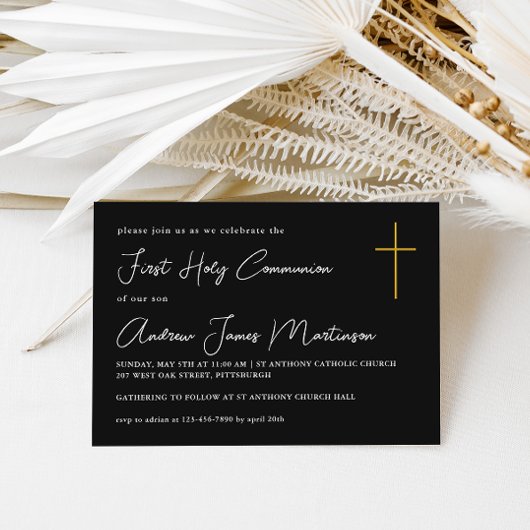 Klassische Erste Heilige Kommunion Schwarz und Wei Einladung