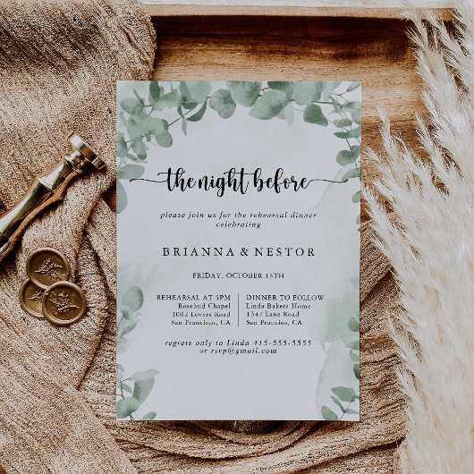 Klassische Eukalyptusnacht vor Probe Abendessen Einladung