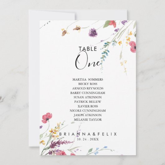 Klassische Farbenfrohe Wilde Tischnummer 1 Sitzkar (Rückseite)